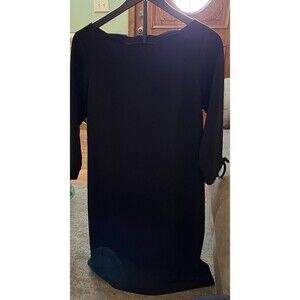 Talbots Black Scalloped Neckline Shift 3/4 Sleeve Bow Dress Size 4 Zip & Lined
